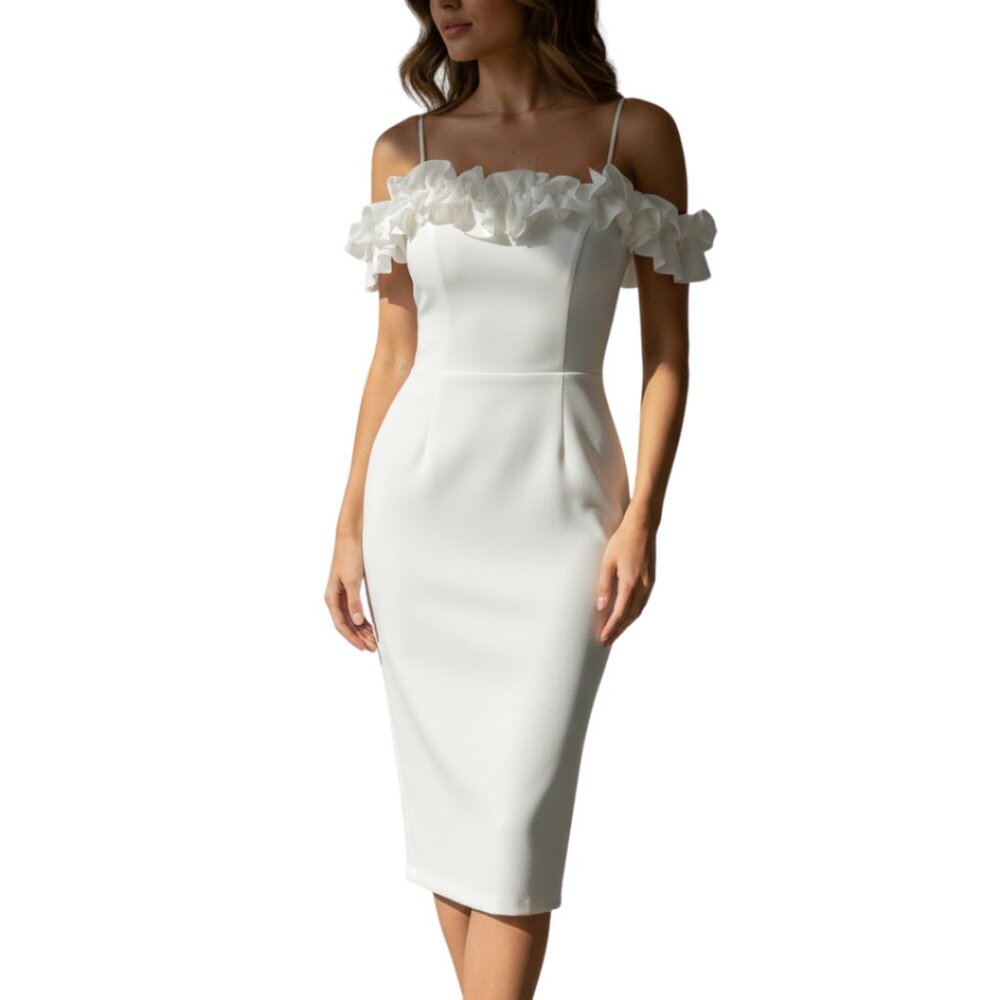 NWT Aqua Women’s‎ White Ruffle Off-Shoulder Formal Cocktail Dress – Size 8